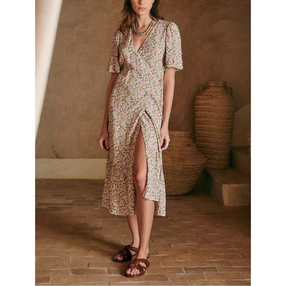 Sezane Pink Floral Wrap Midi Dress View 3